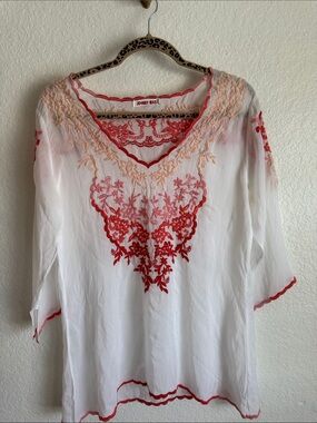 Johnny Was White Sheer Embroidered V-Neck Tunic with Red & Peach Floral Detail